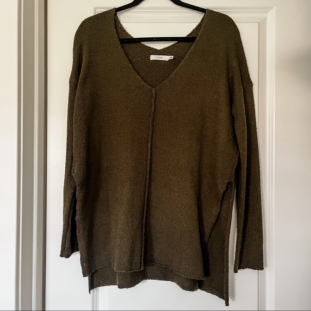 Lush Olive Green Oversized Long Sleeve V-Neck Sweater Size S/M